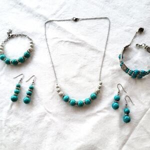 Turquoise Austrian Crystal Earrings Bracelets & Necklace Silvertone Stainless